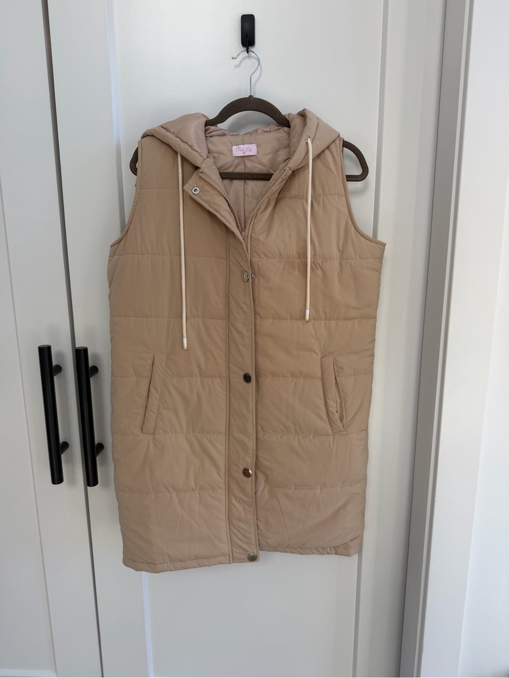 🤎 Sz M Pink Lily Sleeveless Quilted Hooded Vest - Taupe